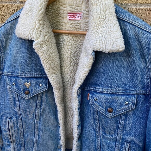 Vintage 1971 Orange Tab Levis Sherpa Denim Jacket Size 44 Large Blue - Picture 9 of 16